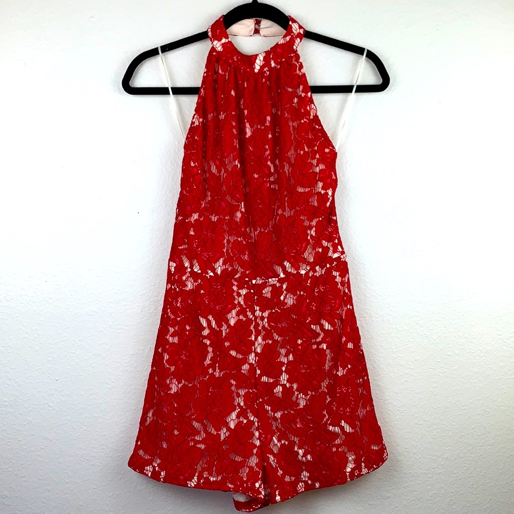 NWT Missguided Red Lace Romper with High Neck Collar